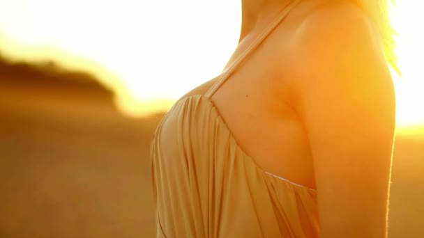 Genç baştan çıkarıcı seksi portre kız göğüs ve kollar büyük kadın günbatımı sarı çölde kum siluet - Video, Çekim