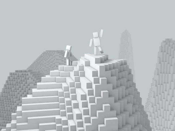 3D kocka karakter-hegy tetején. - Fotó, kép