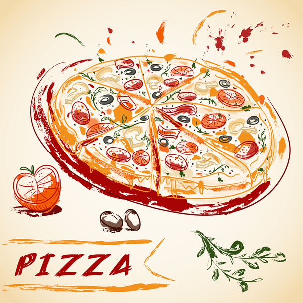 Vintage hand getekend Italiaans smakelijke pizza gesneden. Vectorillustratie. - Vector, afbeelding