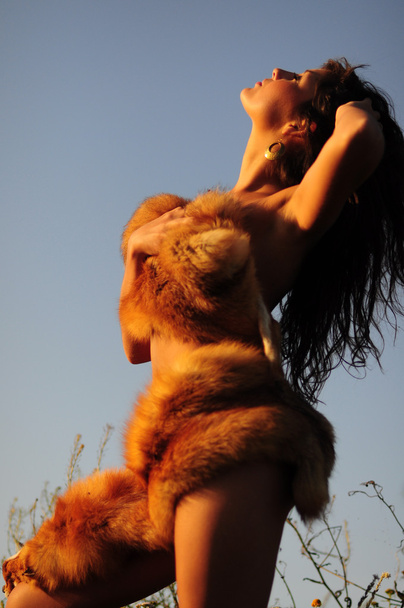 Mulher em Fox Pele por do sol
 - Foto, Imagem