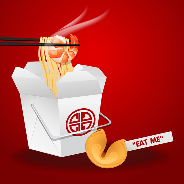 chinese noodles box with chopsticks and fortune cookie - Vector, Image