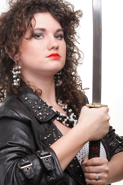Curly woman curly girl and sword - Fotografie, Obrázek