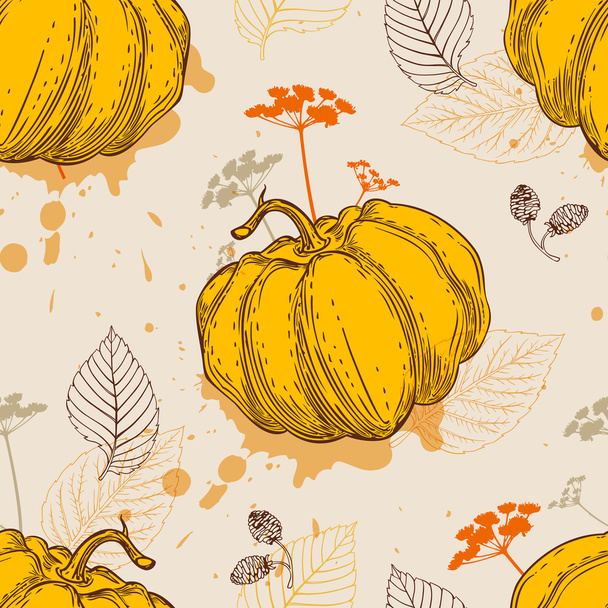 Pattern with orange pumpkin and leaves - Vector, imagen