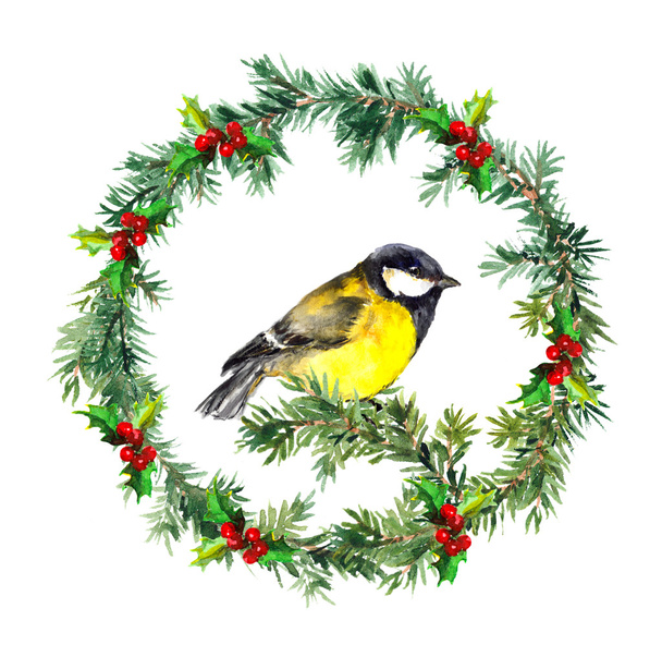 New year wreath - fir, mistletoe and tit bird. Watercolor - Foto, immagini