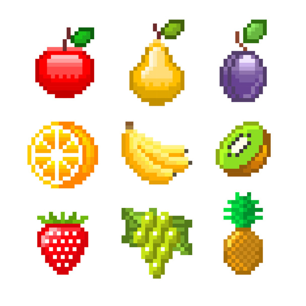 Pikselin hedelmiä pelejä kuvakkeet vektori asetettu
 - Vektori, kuva