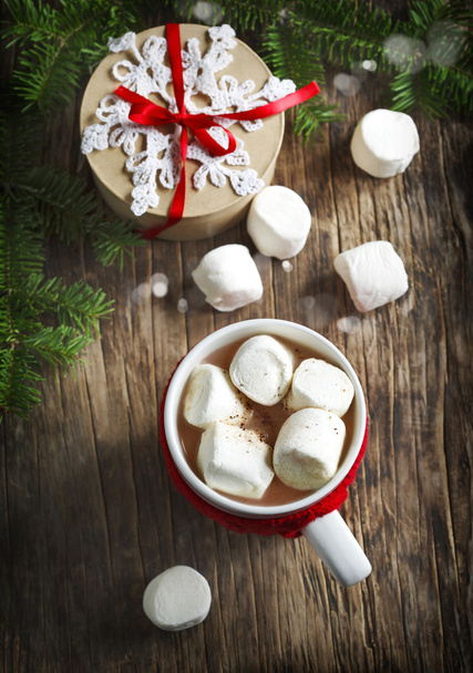 Mug filled with hot chocolate and marshmallows. Toned image - Фото, зображення