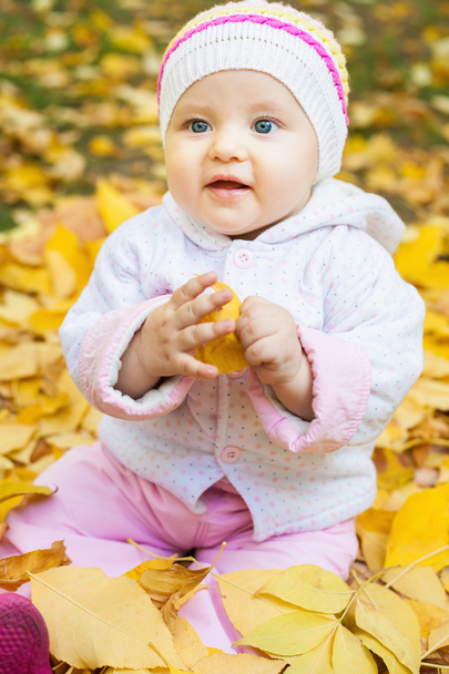 Happy baby outdoor at autumn park playing with yellow leaves - Φωτογραφία, εικόνα