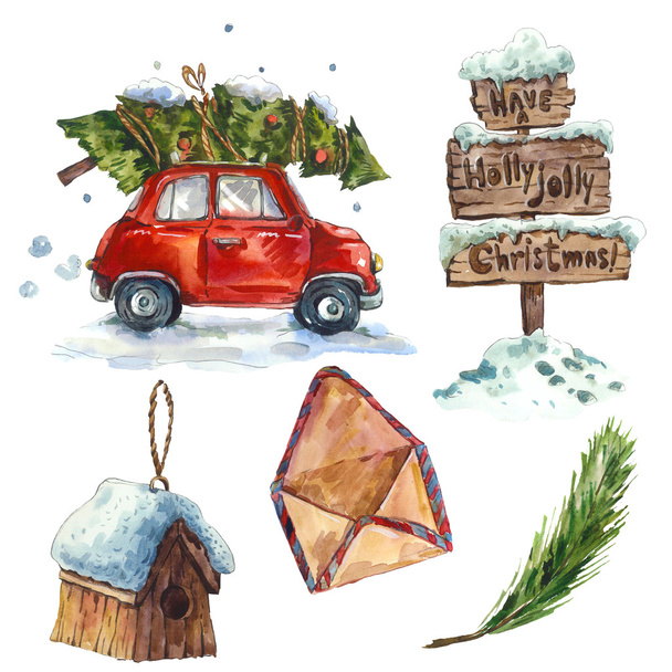Watercolor vintage Christmas set, holiday illustration - Photo, Image