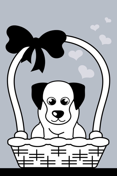 bonito pequeno cartoon filhote de cachorro sentado na cesta
 - Vetor, Imagem