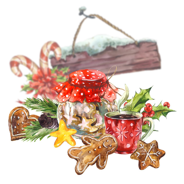 お茶のクッキーと水彩クリスマスのシームレスなパターン、 - 写真・画像