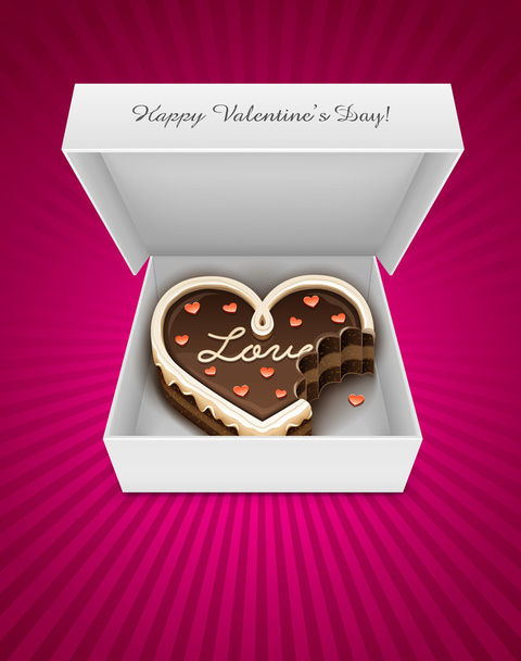 abrir caja con mordisqueó pastel de chocolate en forma de corazón - Vector, imagen