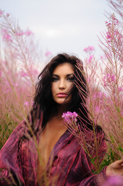Woman in violet flowers - Photo, Image