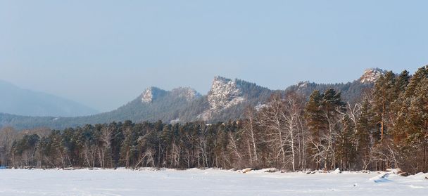 Paisaje de montañas nevadas y bosques
 - Foto, imagen