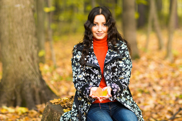 Retrato de una mujer de otoño sosteniendo hojas
 - Foto, Imagen