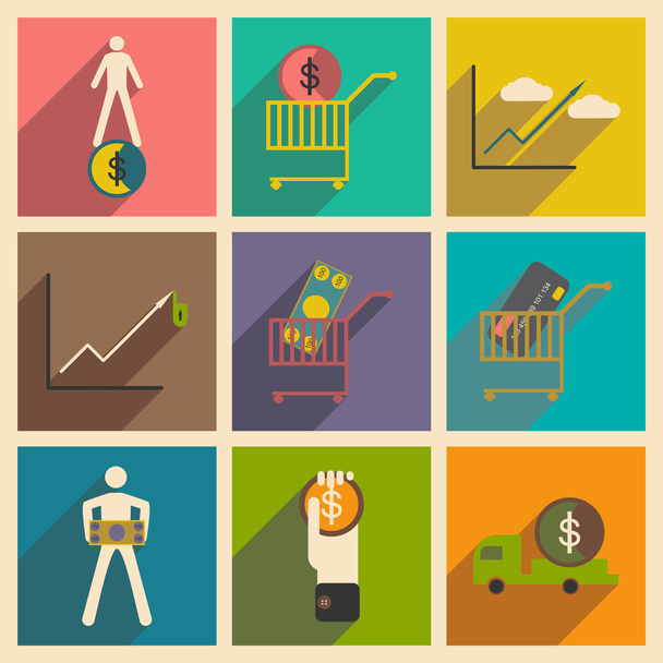 Modern collection flat icons with shadow economics and finance - Vector, Image