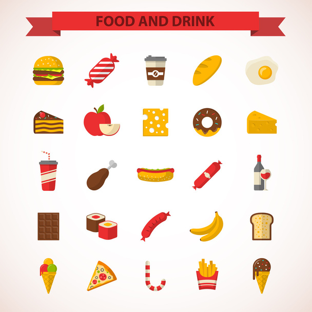 Ételek és italok lapos design ikonok - Vektor, kép