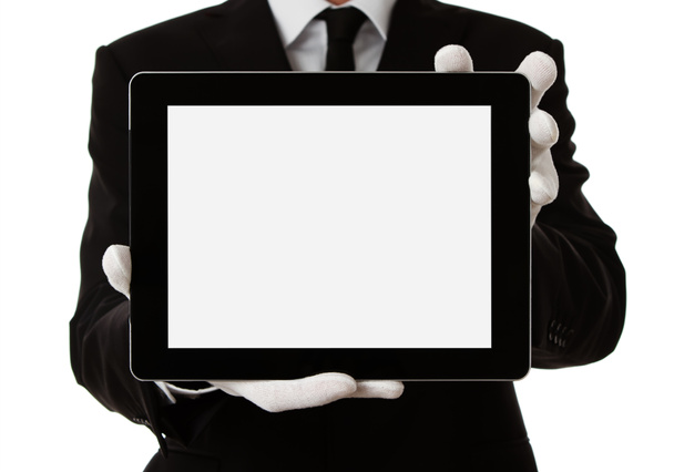 elegáns férfi holding üres digitális tabletta - Fotó, kép
