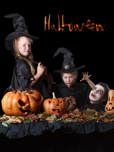 Halloween. Two little witches, skull surrounded by pumpkins, spiders and foliage - Foto, Imagen