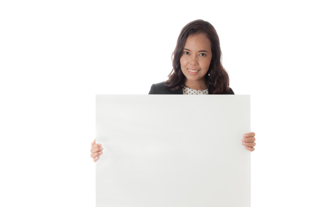 businesswoman  holding a blank banner ,asian woman isolated on w - Фото, изображение