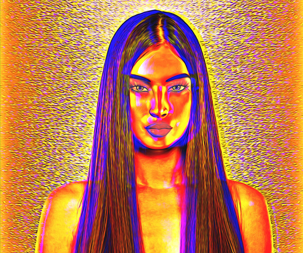 brünette Frau mit langen Haaren im abstrakten digitalen Kunststil. - Foto, Bild