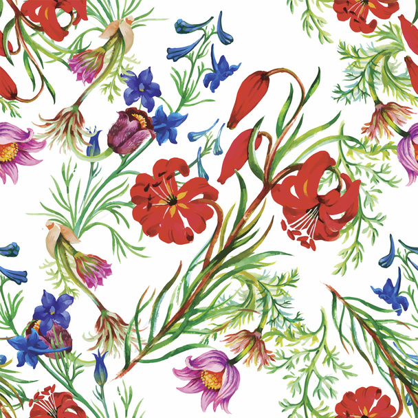Seamless pattern with Beautiful flowers, Watercolor painting - Vektör, Görsel