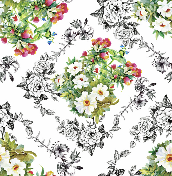 Seamless pattern with Beautiful flowers, Watercolor painting - Vector, Image