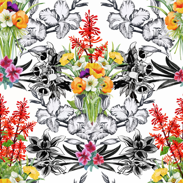 Seamless pattern with Beautiful flowers, Watercolor painting - Διάνυσμα, εικόνα
