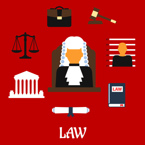 Juiz com ícones de tribunal plana
 - Vetor, Imagem
