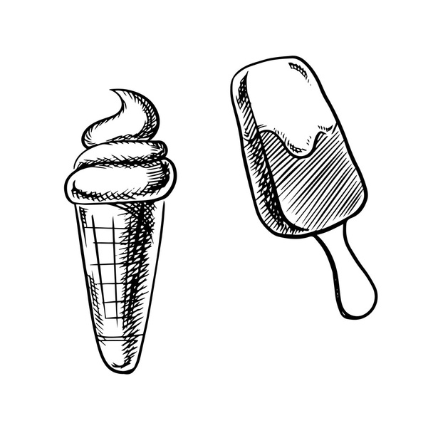 Ice cream stick and cone sketches - Vector, afbeelding
