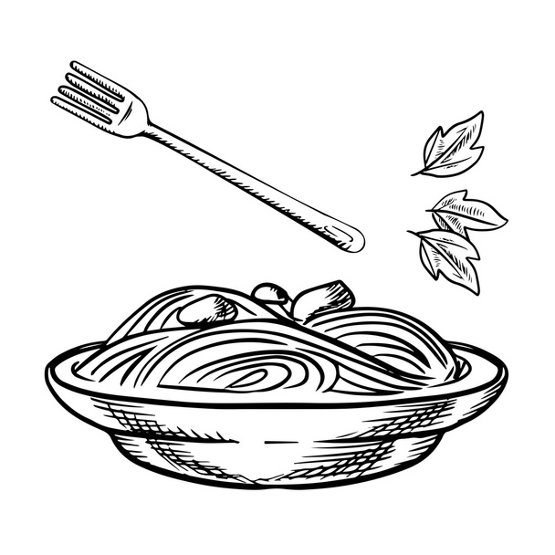 Italialaista pastaa lihapullalla, kastikkeella ja basilikalla
 - Vektori, kuva