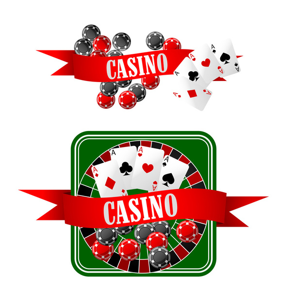 Casino icons with dice, chips, cards and roulette - Vector, afbeelding