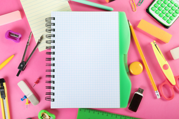 Office and student tools on pink background closeup - Φωτογραφία, εικόνα