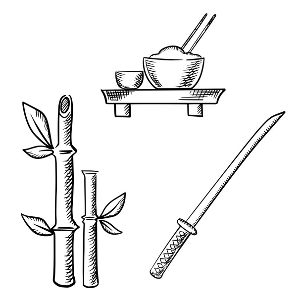 Arroz, sake, bambú y samurai katana
 - Vector, imagen
