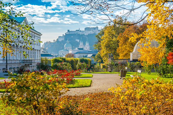 Famous Mirabell Gardens with historic Fortress in Salzburg, Austria - Photo, Image
