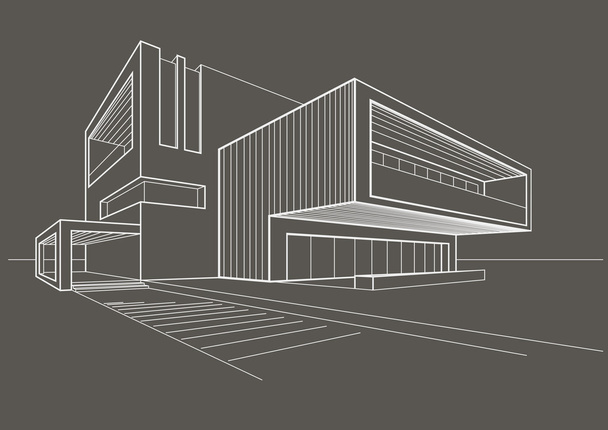Doğrusal kroki modern bina gri arka plan üzerinde - Vektör, Görsel