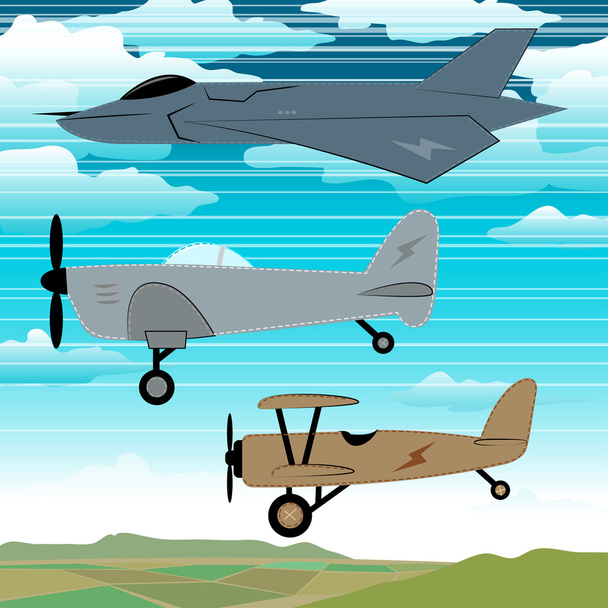 3 aviones militares volando junto con el bordado de nubes
 - Vector, imagen