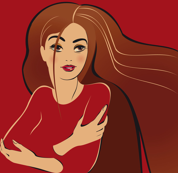 portrait of beautiful brunette on red background - Vetor, Imagem