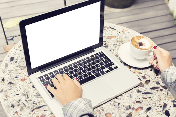 Girl with blank laptop and coffee - Фото, зображення