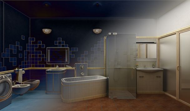 モダンなバスルームのインテリア デザインのレンダリング - 写真・画像
