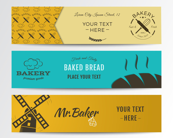 Bakery and food banners collection. Banner set with fresh bread, windmill icons, logos, labels. Stylish color design. Can be use in web or typography print. Vector - Vettoriali, immagini