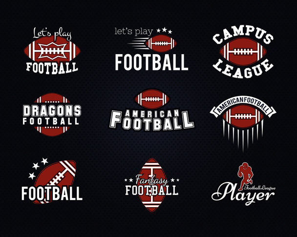 American-Football-Team, College-Abzeichen, Logos, Labels, Befähigungen, Symbole im Retro-Stil. Grafik-Vintage-Design für T-Shirt, web. Farbe Embleme auf einem dunklen gepunkteten Halbton Hintergrund. Vektor - Vektor, Bild