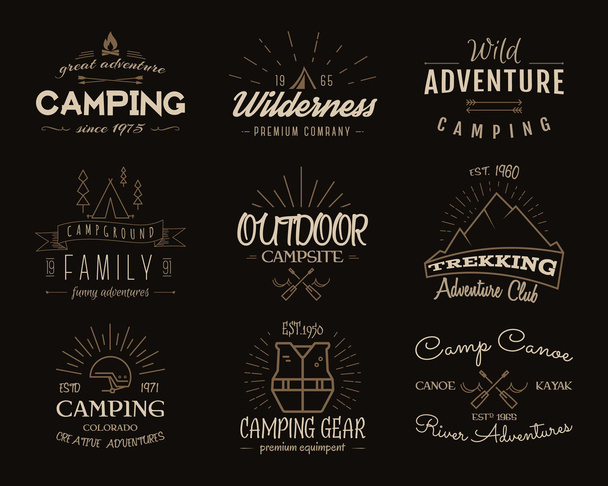 Set of retro badges and label logo graphics. Camping emblems and travel insignia. Vintage colors, old style design. Family, canoe campsite, equipment shop etc. Vector - Vettoriali, immagini