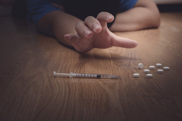overdose male drug addict hand, drugs narcotic syringe - Photo, Image