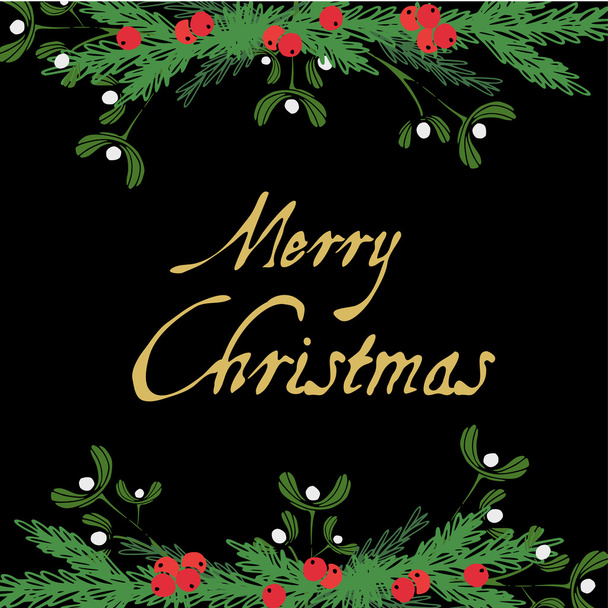 Christmas fraem template, greeting card with christmas tree branches, mistletoe and berries, vector - Вектор, зображення