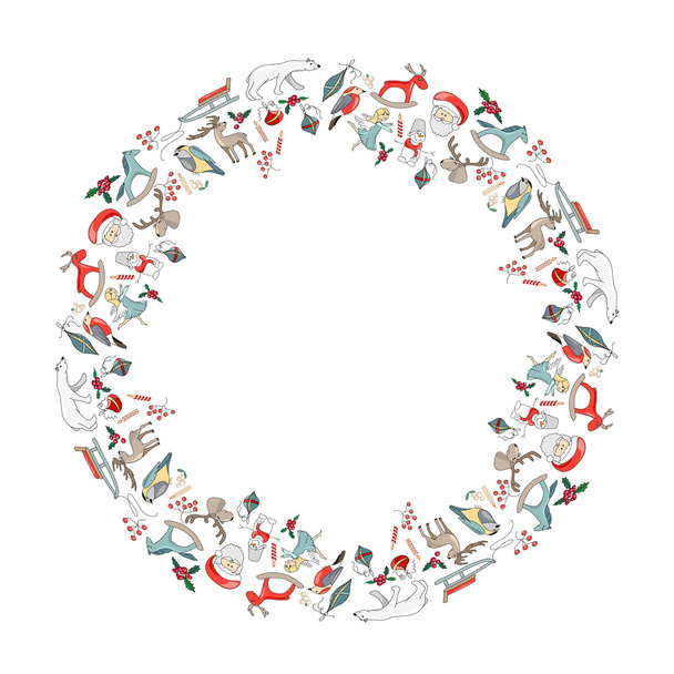 Round Christmas garland with decoration isolated on white. For Christmas design, announcements, postcards, posters. - Διάνυσμα, εικόνα