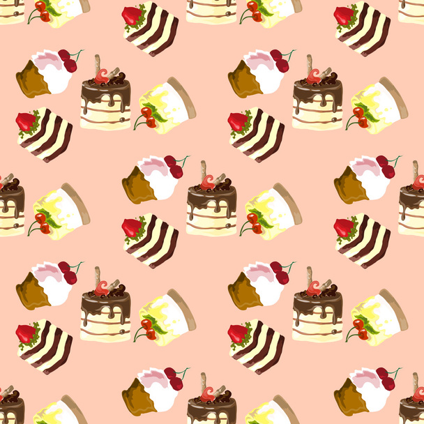 Illustrationsset mit Süßigkeiten und Kuchen. nahtloses Muster. - Vektor, Bild