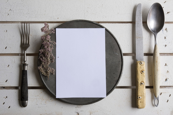 Rustic place setting menu on old white wooden - Photo, Image