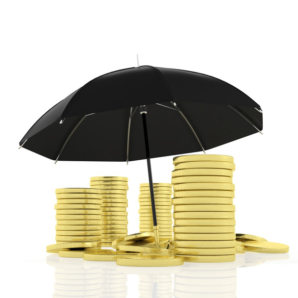 Ένα σωρό των χρυσών νομισμάτων κάτω από μεγάλο μαύρο ομπρέλα, που απομονώνονται σε λευκό. - Φωτογραφία, εικόνα