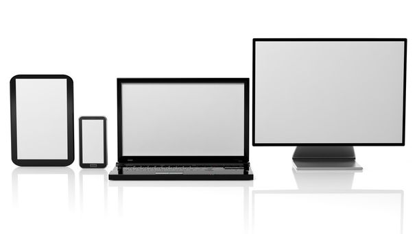 Πρότυπα Tablet, φορητό υπολογιστή, οθόνη και smartphone με μαύρες οθόνες, που απομονώνονται σε λευκό φόντο. - Φωτογραφία, εικόνα