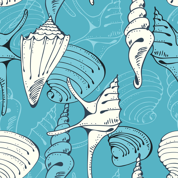 Seamless blue pattern with shells - Wektor, obraz